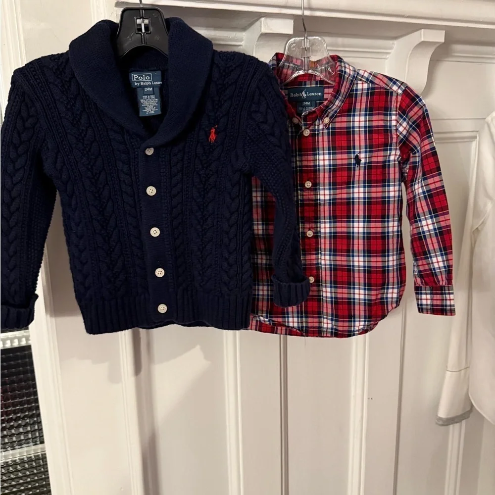 Ralph Lauren Boys Navy Cable Knit Cardigan & Plaid Shirt Sz 24 Mo